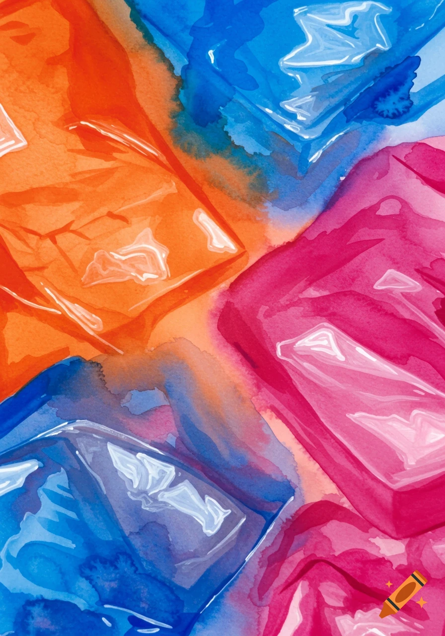 Vibrant abstract watercolor painting with crinkled plastic-like shapes in orange, blue, and pink.