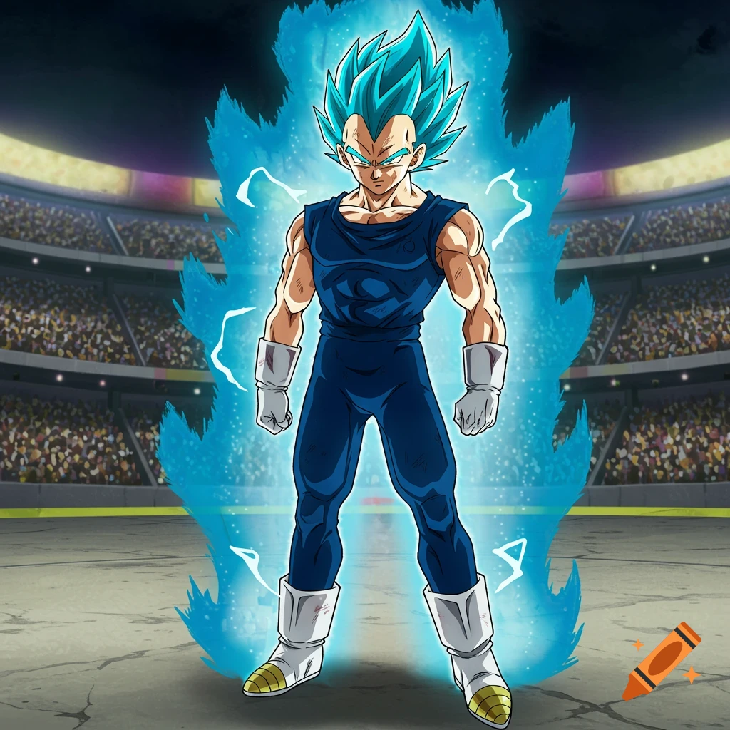 Anime character Vegeta in Super Saiyan Blue form, with spiky blue hair and glowing aura, stands in a tournament arena.
