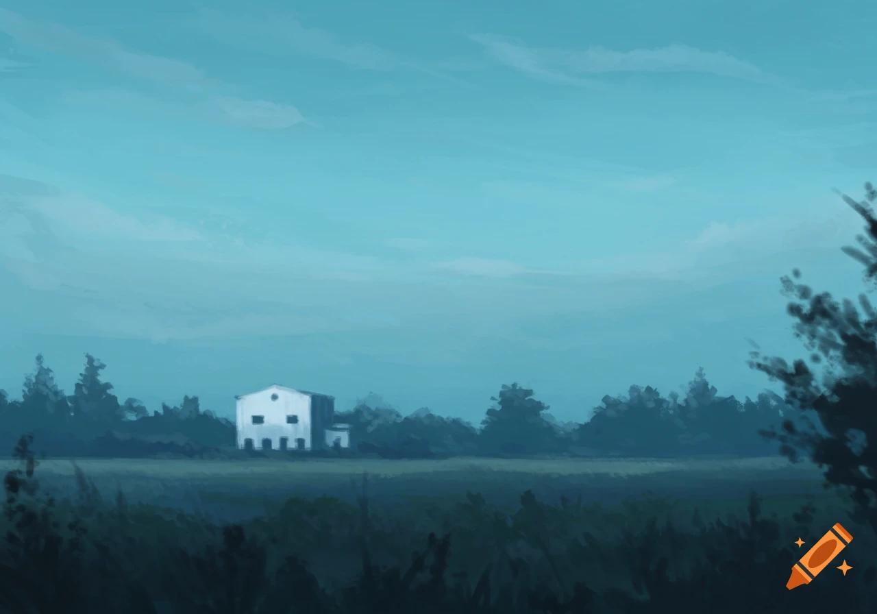 A painterly landscape shows a white house surrounded by dark trees and fields under a turquoise sky at dusk.