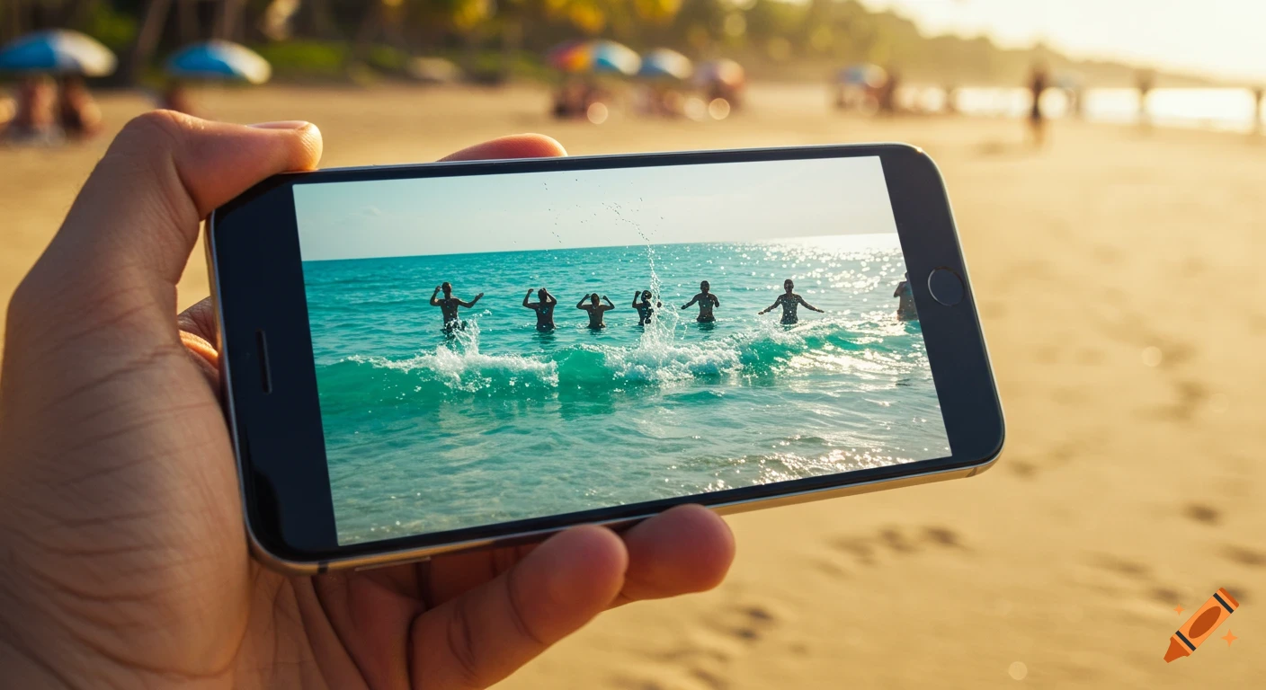 Hand holding a smartphone displaying a video of people playing and splashing in the ocean at a sunny beach.