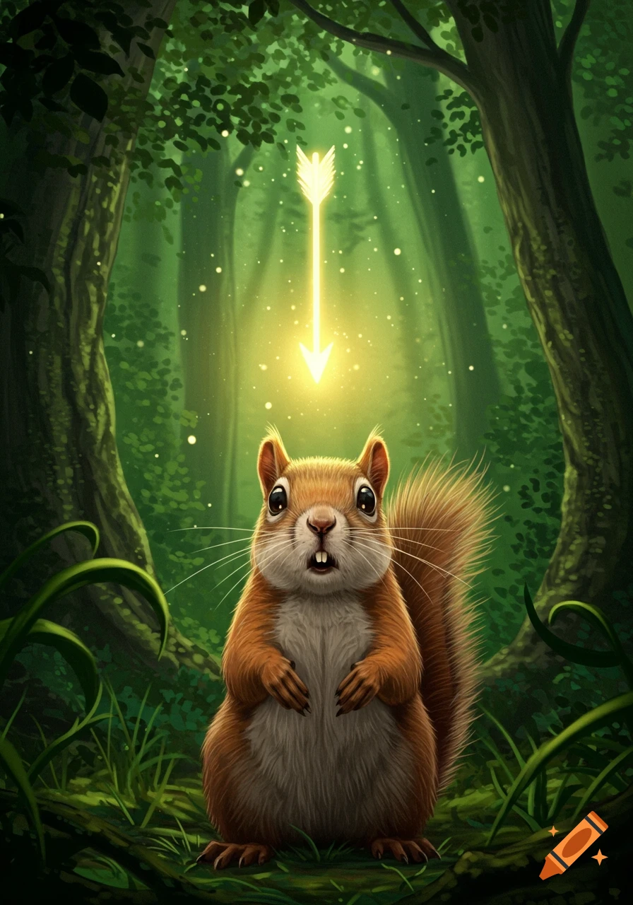 A scared squirrel in an enchanted forest looks up at a glowing magical arrow pointing down.