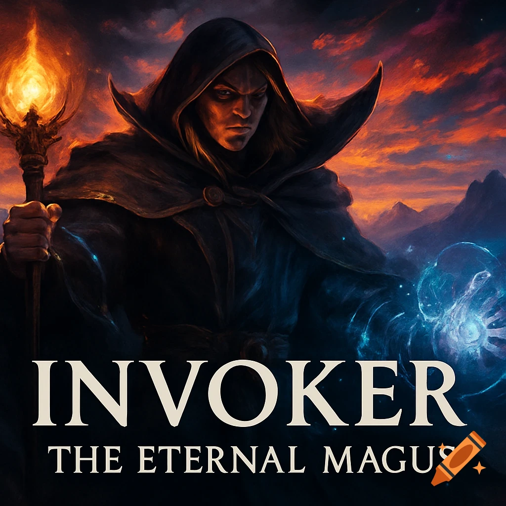 Mysterious mage in dark cloak with glowing staff and magic orb against a dark fantasy sunset. Digital painting.