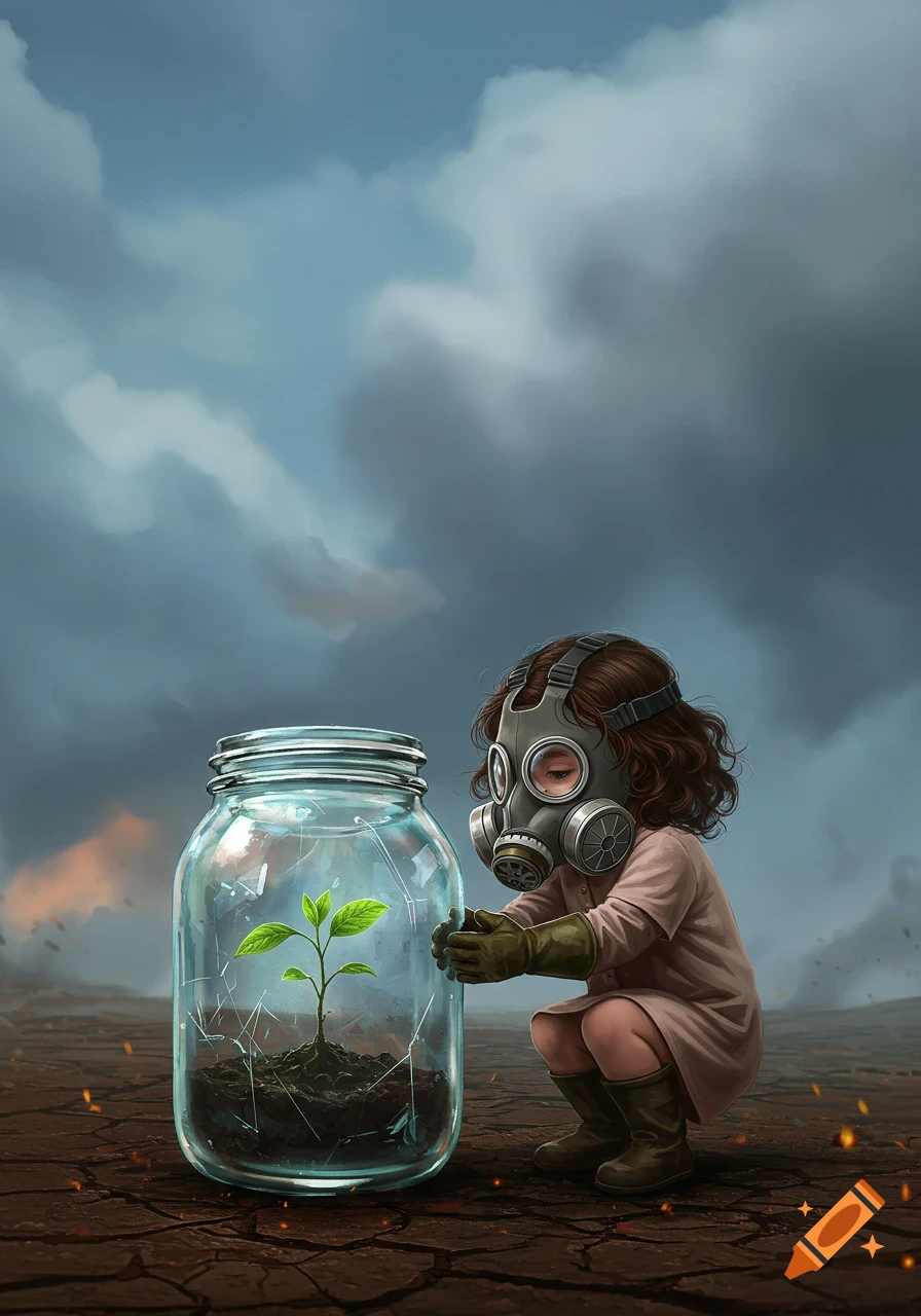 A child in a gas mask crouches beside a broken glass jar holding a small plant, on cracked earth under a stormy sky, in a digital painting.