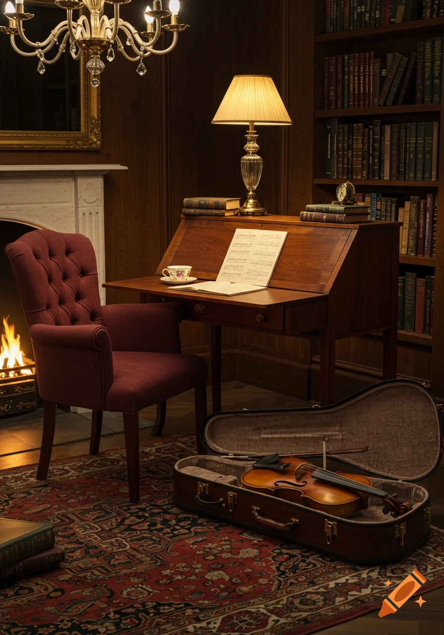A dimly lit traditional study with a fireplace, a red tufted armchair, a wooden desk with sheet music and a teacup, and a violin in its open case on a patterned rug.