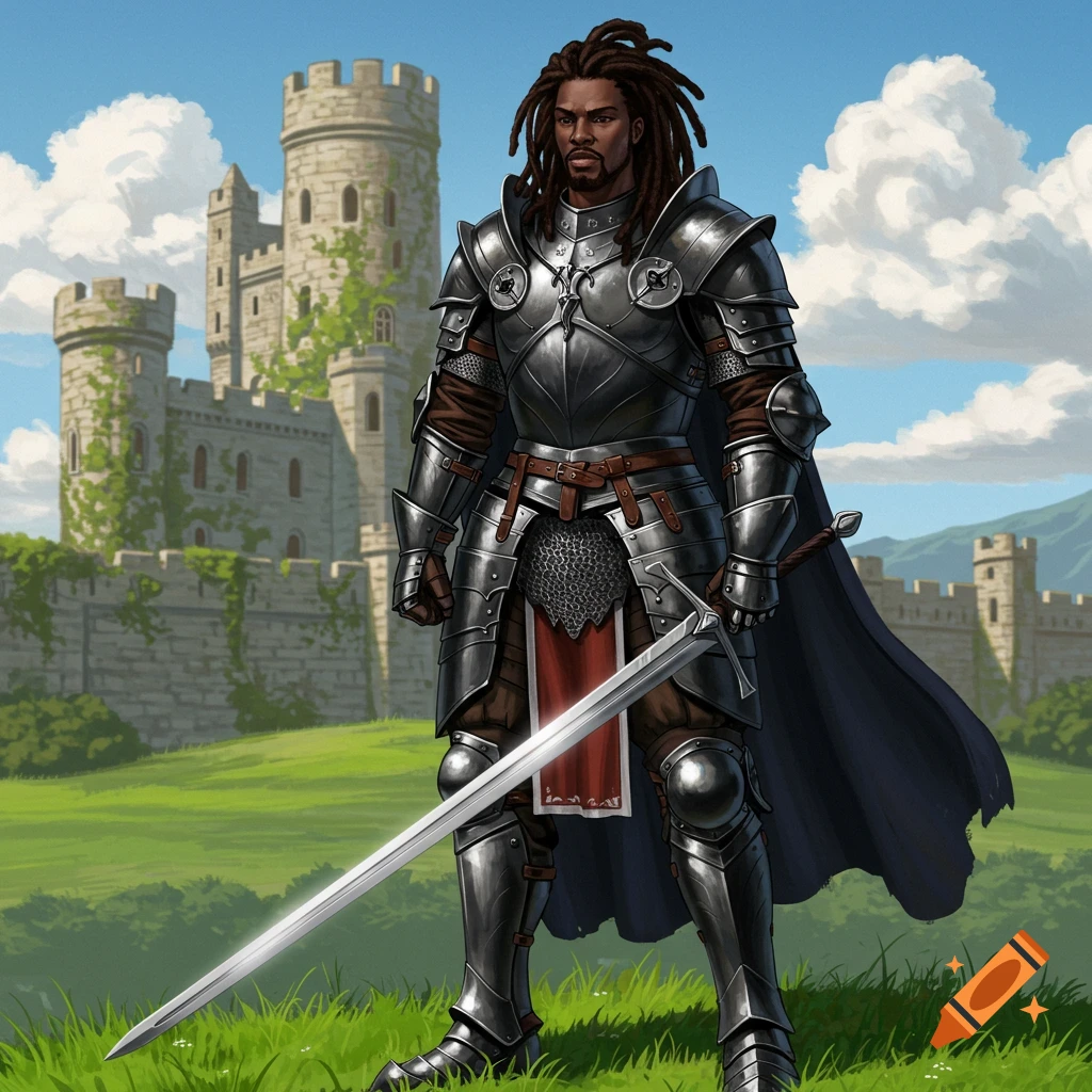 A black male knight with dreadlocks in shiny plate armor stands on a grassy field, holding a sword with a castle in the background.
