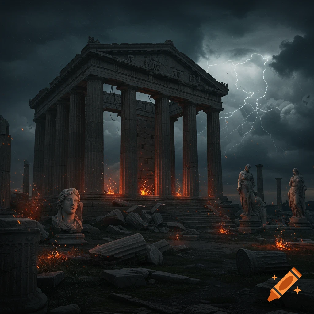 A ruined ancient Greek temple stands under a stormy sky with lightning, surrounded by broken statues, glowing embers, and eerie shadows.