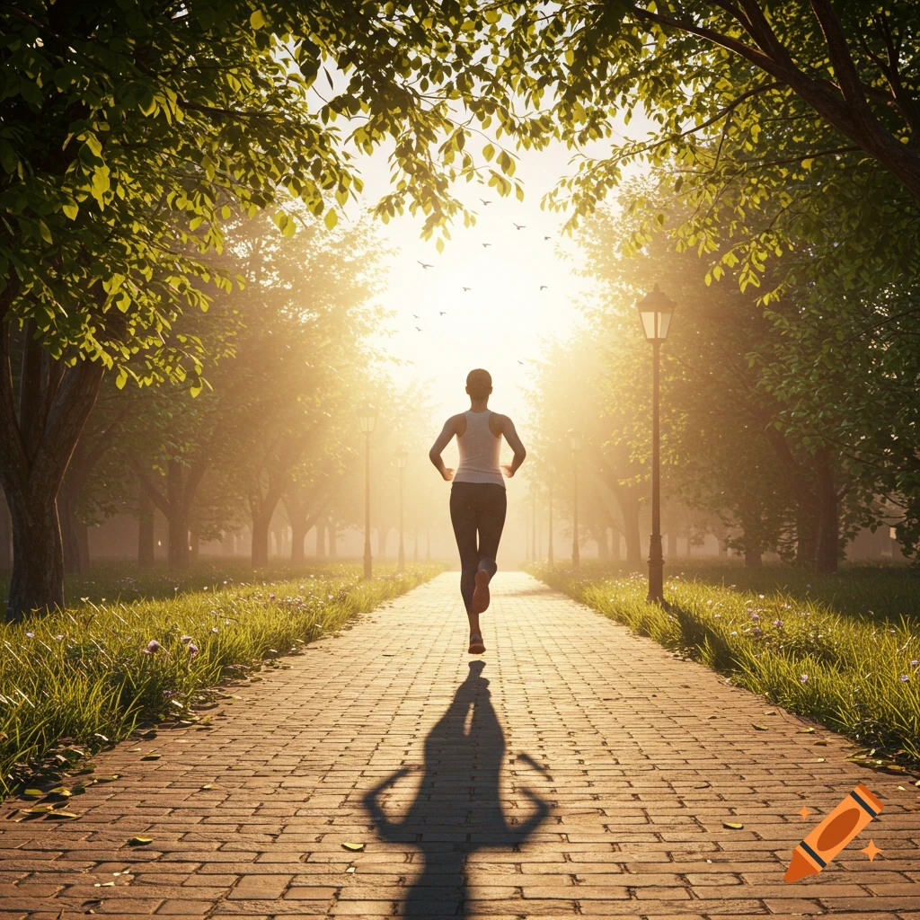 A person runs on a sun-drenched brick path through a park, surrounded by green trees and golden light.