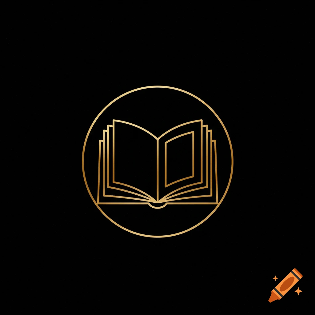 Gold line art icon of an open book within a circular frame on a black background, minimalist style.