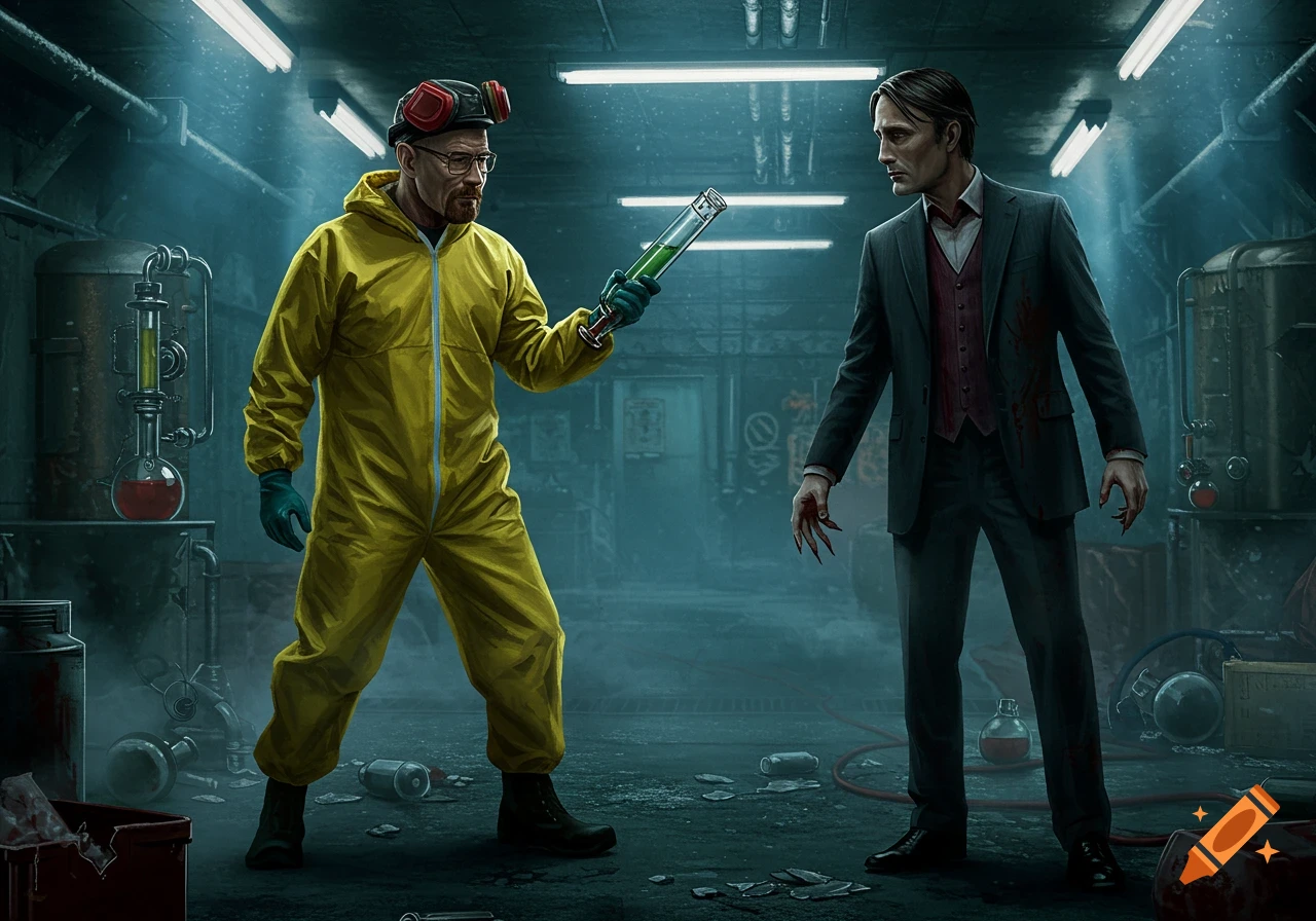Walter White in a yellow hazmat suit holds up a green liquid in a test tube, confronting Hannibal Lecter, who has blood-stained clothes and clawed hands, in a dimly lit, gritty lab.