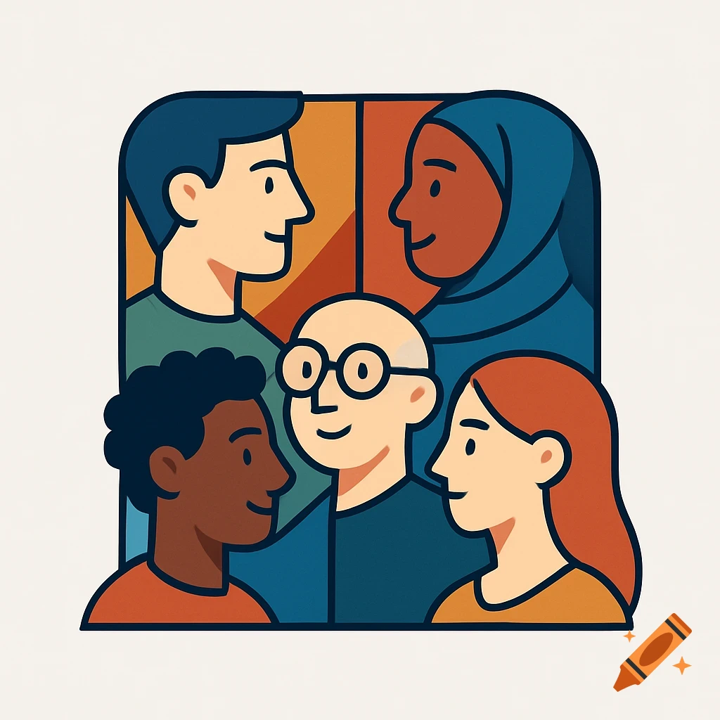 Flat-color illustration of five diverse people in a logo, featuring different ages, skin tones, and a woman in a hijab, looking at each other.