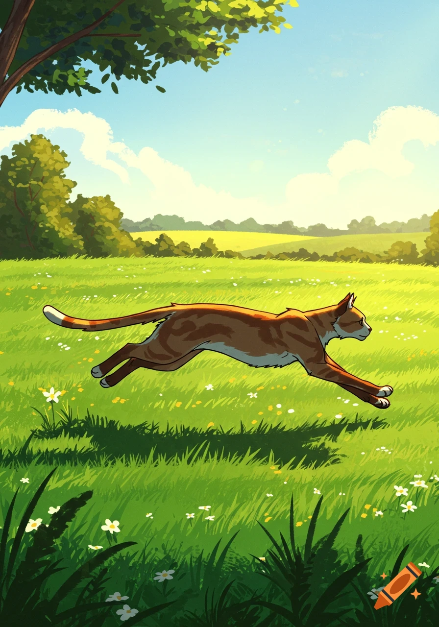 A cartoon ginger tabby cat is running through a sunny green field with white and yellow wildflowers under a blue sky.