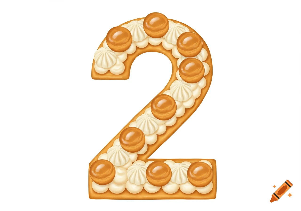 A decorative Saint-Honoré cake shaped as the number 2, topped with cream and golden cream puffs.