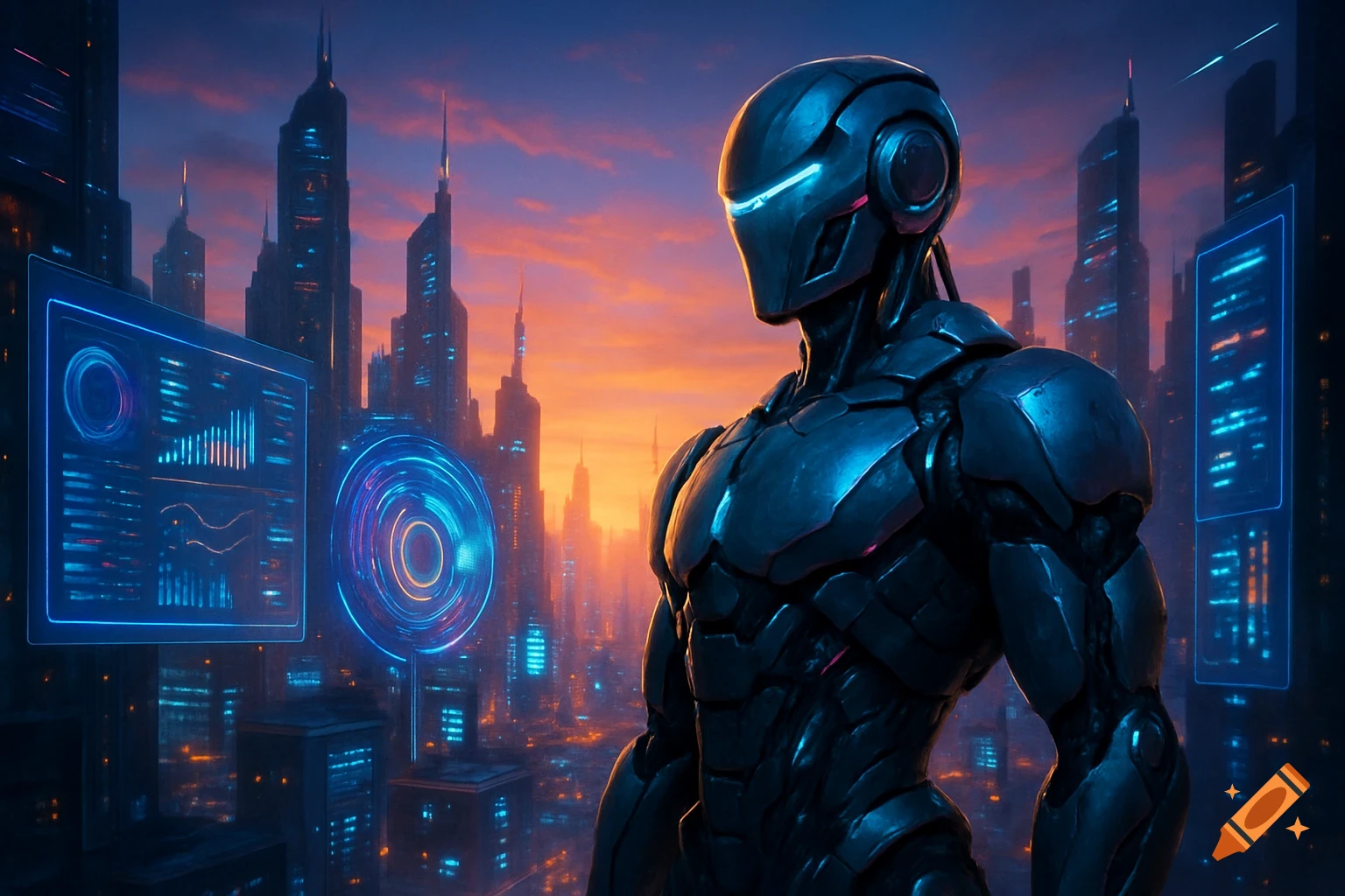 A powerful robot stands overlooking a sprawling futuristic city at sunset, with blue holographic data displays floating nearby.