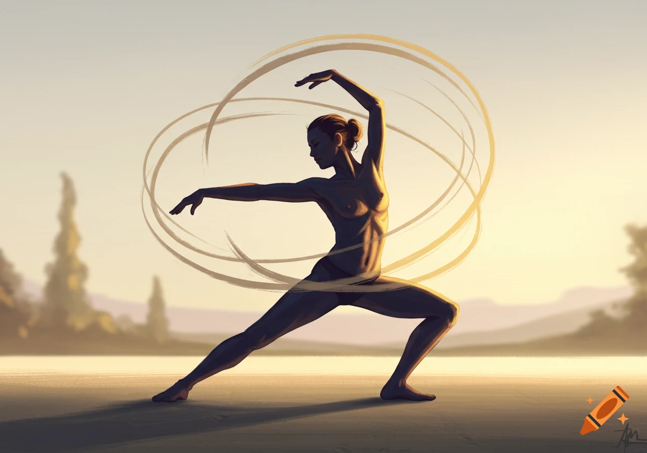 A digitally painted image of a nude female figure striking a dynamic pose outdoors at sunrise, with light gold swirling lines around her.
