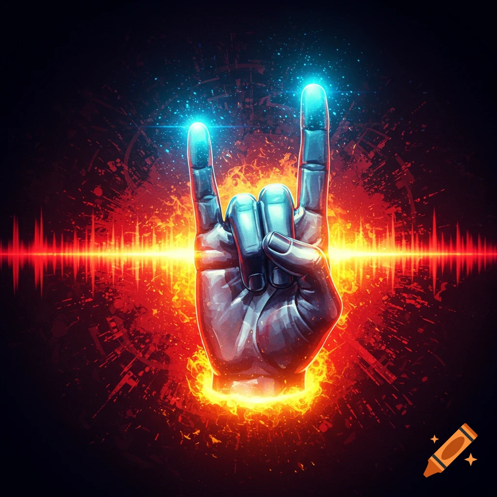 A stylized hand making a rock on gesture, with blue light emanating from fingertips, surrounded by red and orange fire and energy lines on a dark background.