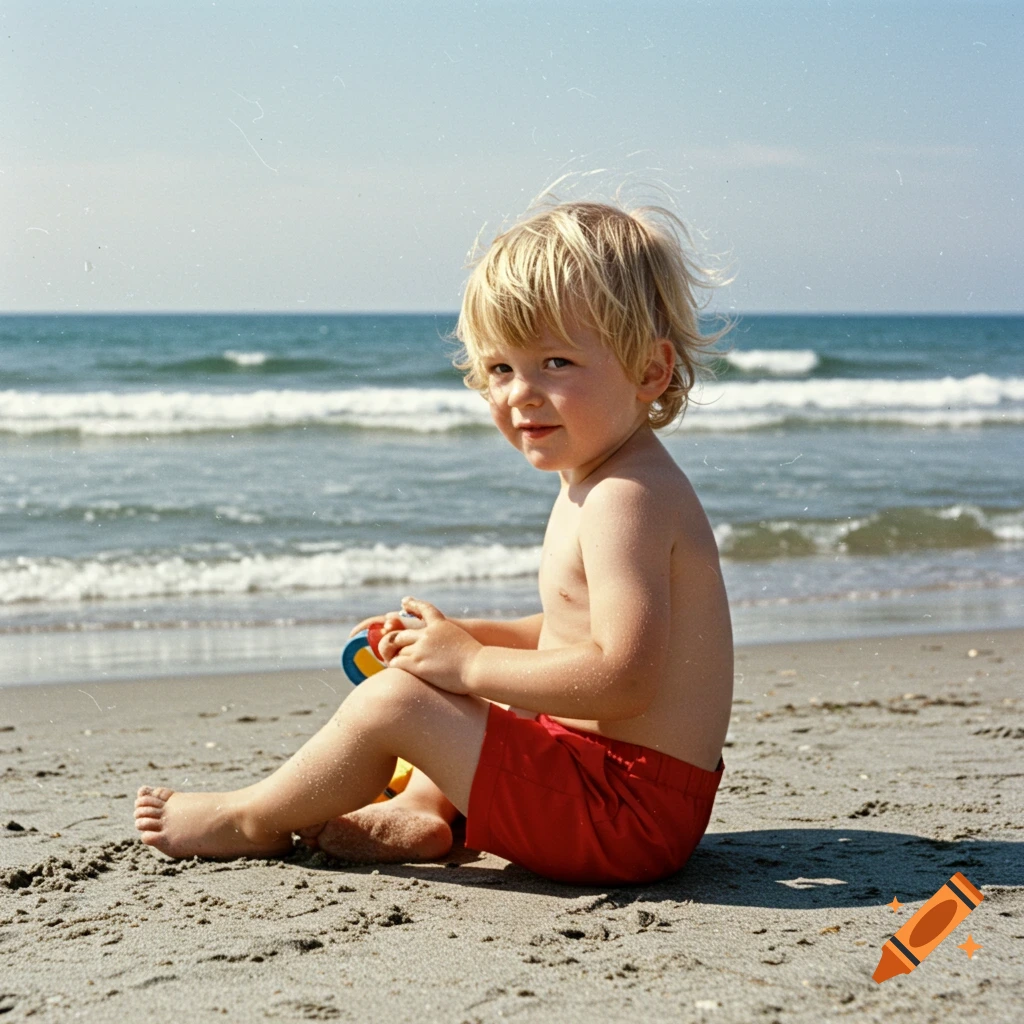 A little blonde boy in red shorts sits on a sandy beach holding a toy, with ocean waves in the background.