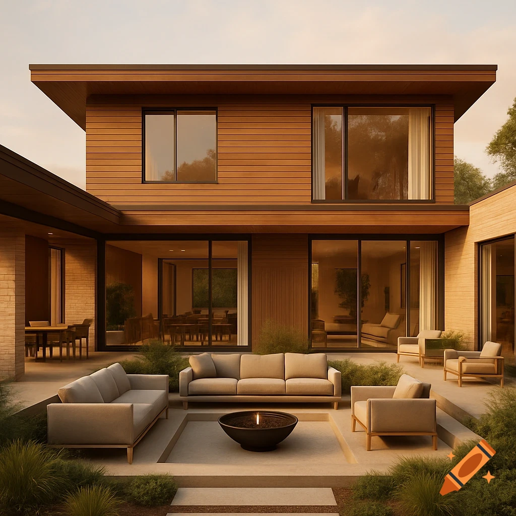 Photorealistic image of a modern two-story house with wood siding, large windows, and a patio featuring outdoor sofas and a fire pit.