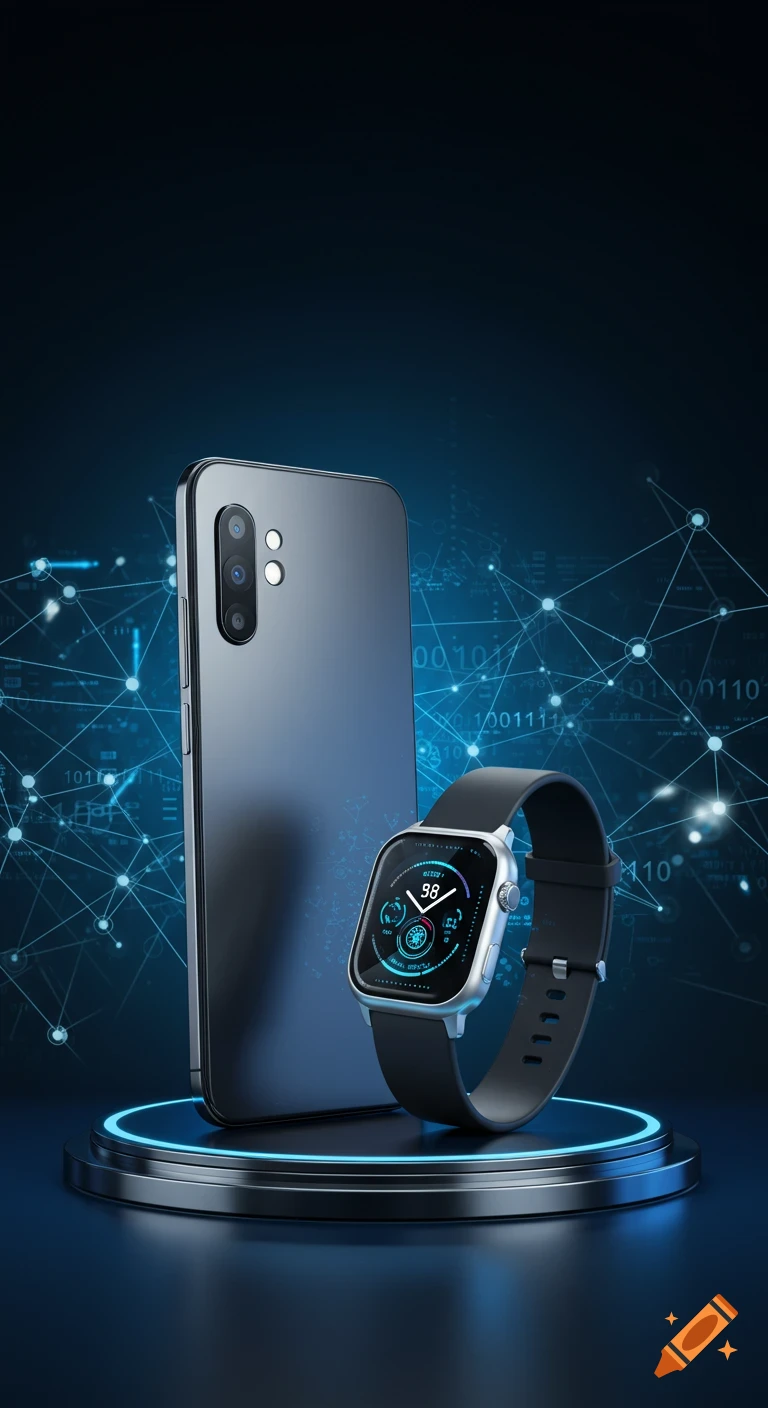 A gray smartphone and a silver smartwatch on a glowing platform, with a dark blue tech background of network lines and binary code.