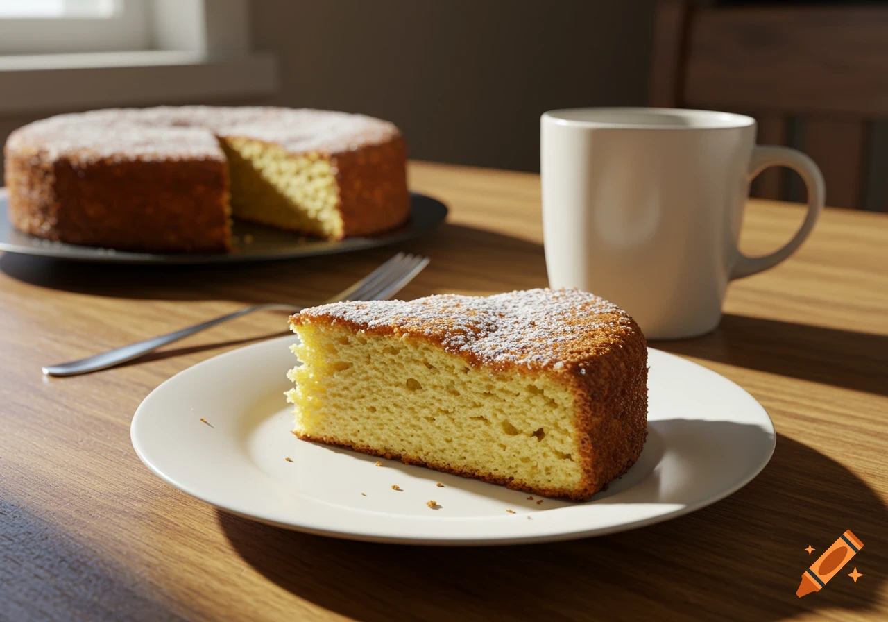 A slice of cake with powdered sugar on a plate, with a whole cake and a mug in the background on a wooden table.