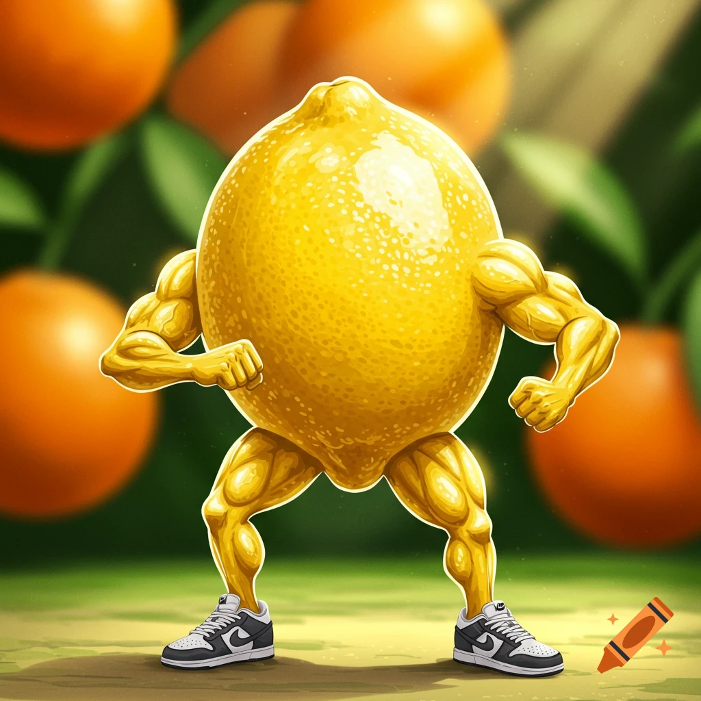A muscular lemon in black and white sneakers stands in an orchard.