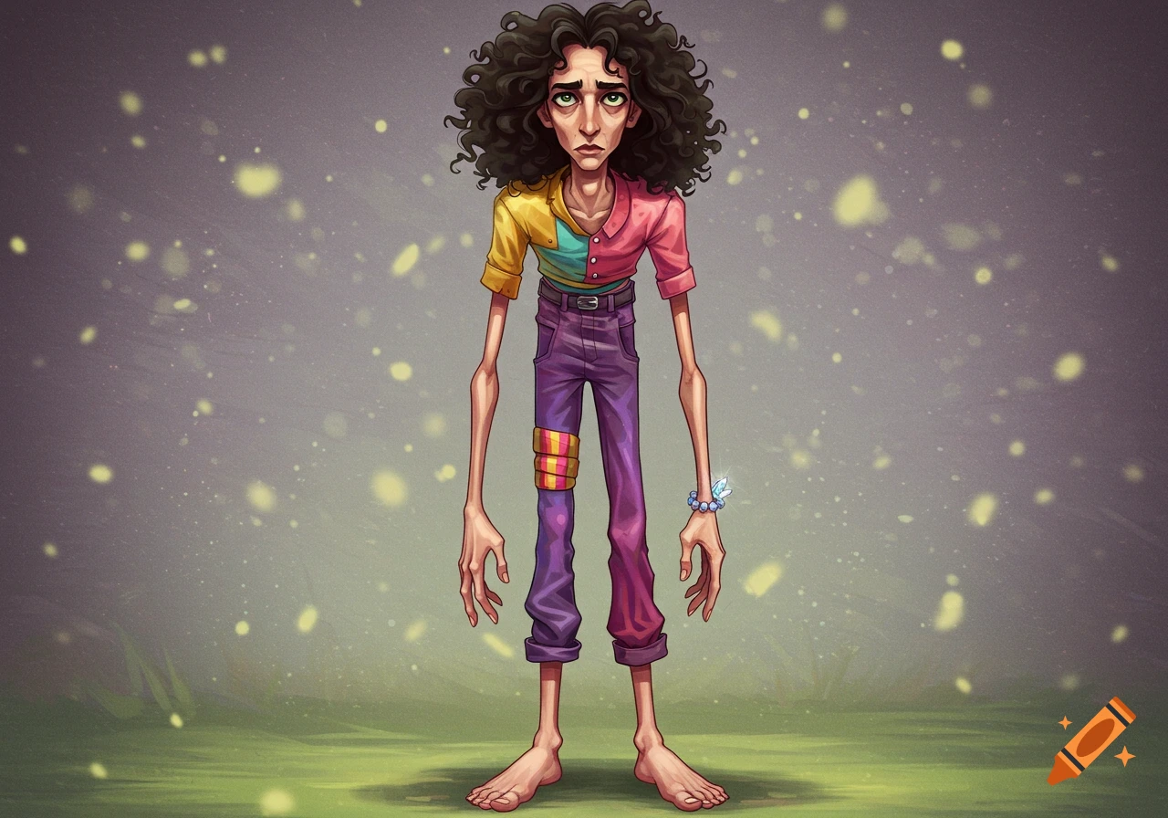 A very thin, curly-haired person with long limbs and colorful clothes stands on green ground with glowing specks.