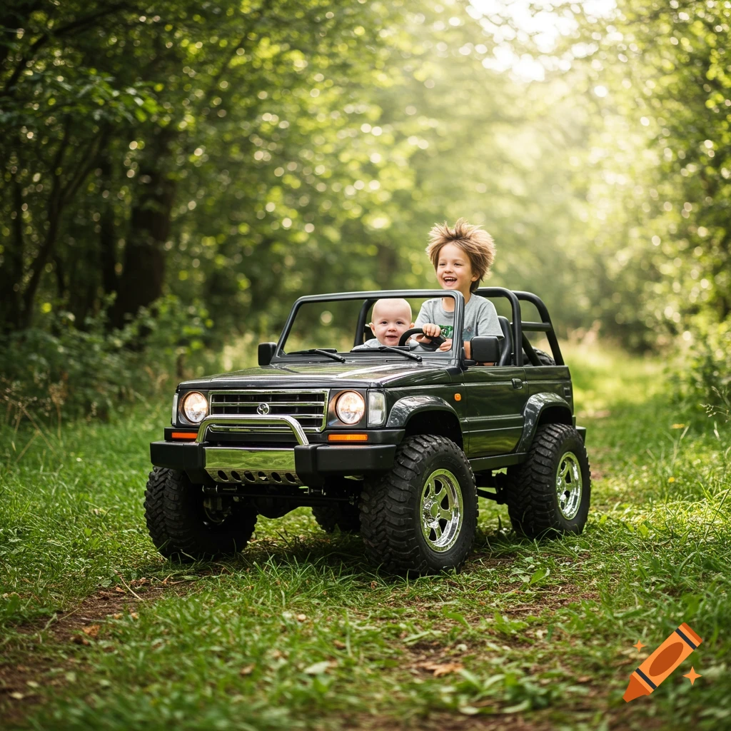 A happy boy drives a toy jeep with a baby passenger on a sunny forest trail.