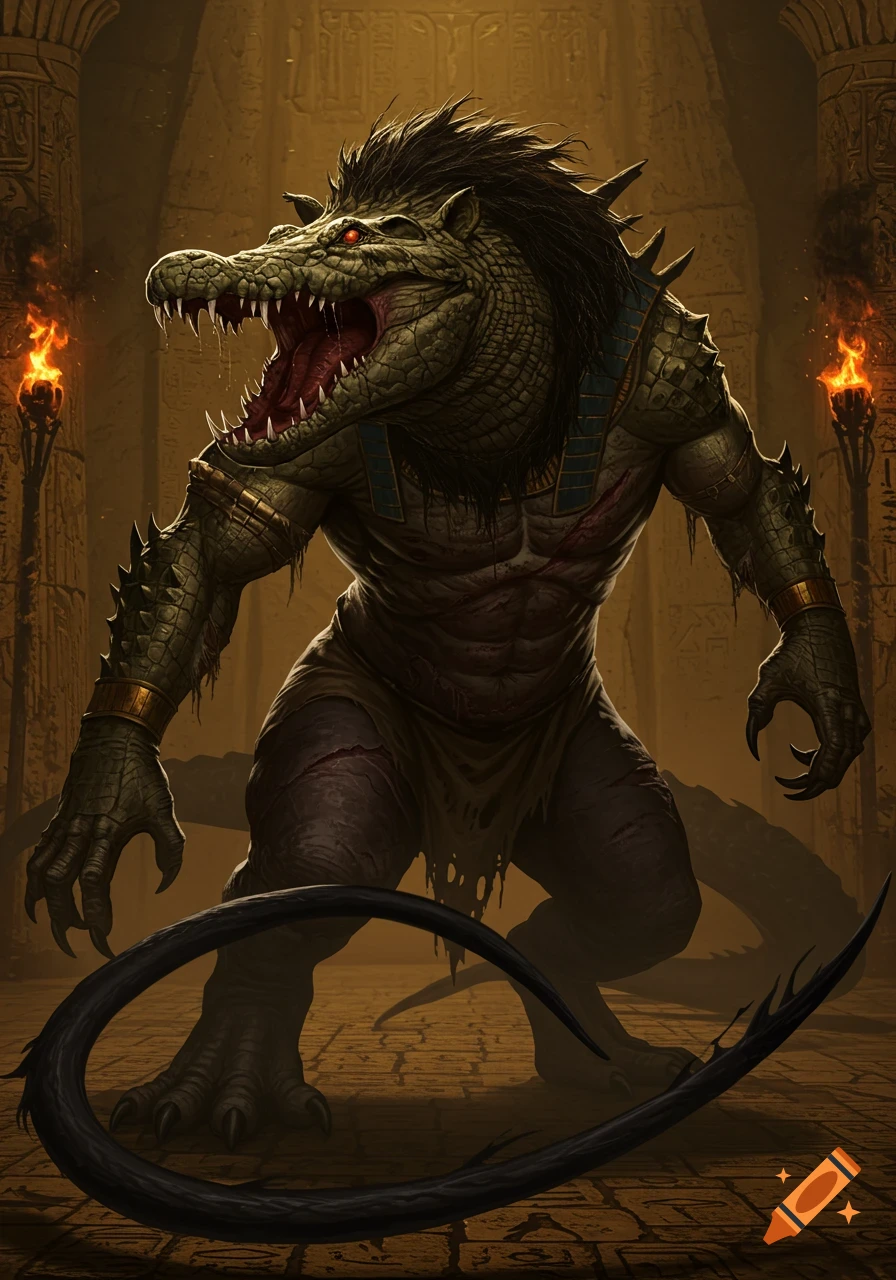 A terrifying ancient Egyptian monster, Ammit, with a crocodile head, lion's mane, and muscular human-like body in a torchlit tomb.