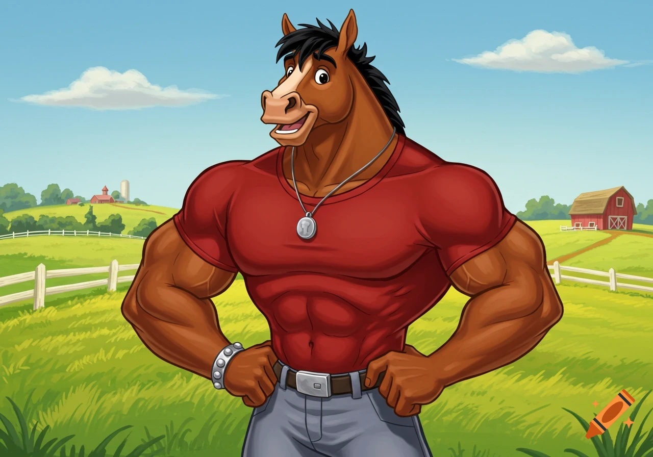 A muscular, smiling anthro horse wearing a red t-shirt and jeans poses on a farm in a Disney-inspired cartoon style.