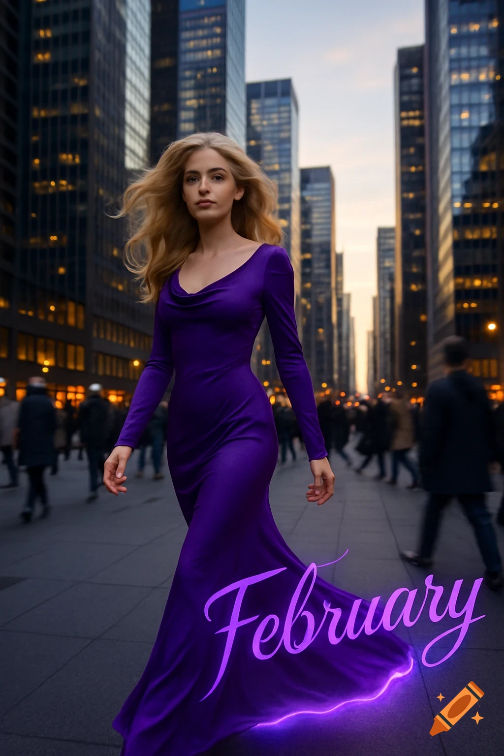Photorealistic image of a blonde woman in a purple dress walking on a city street, with 'February' written in glowing purple script at the bottom.