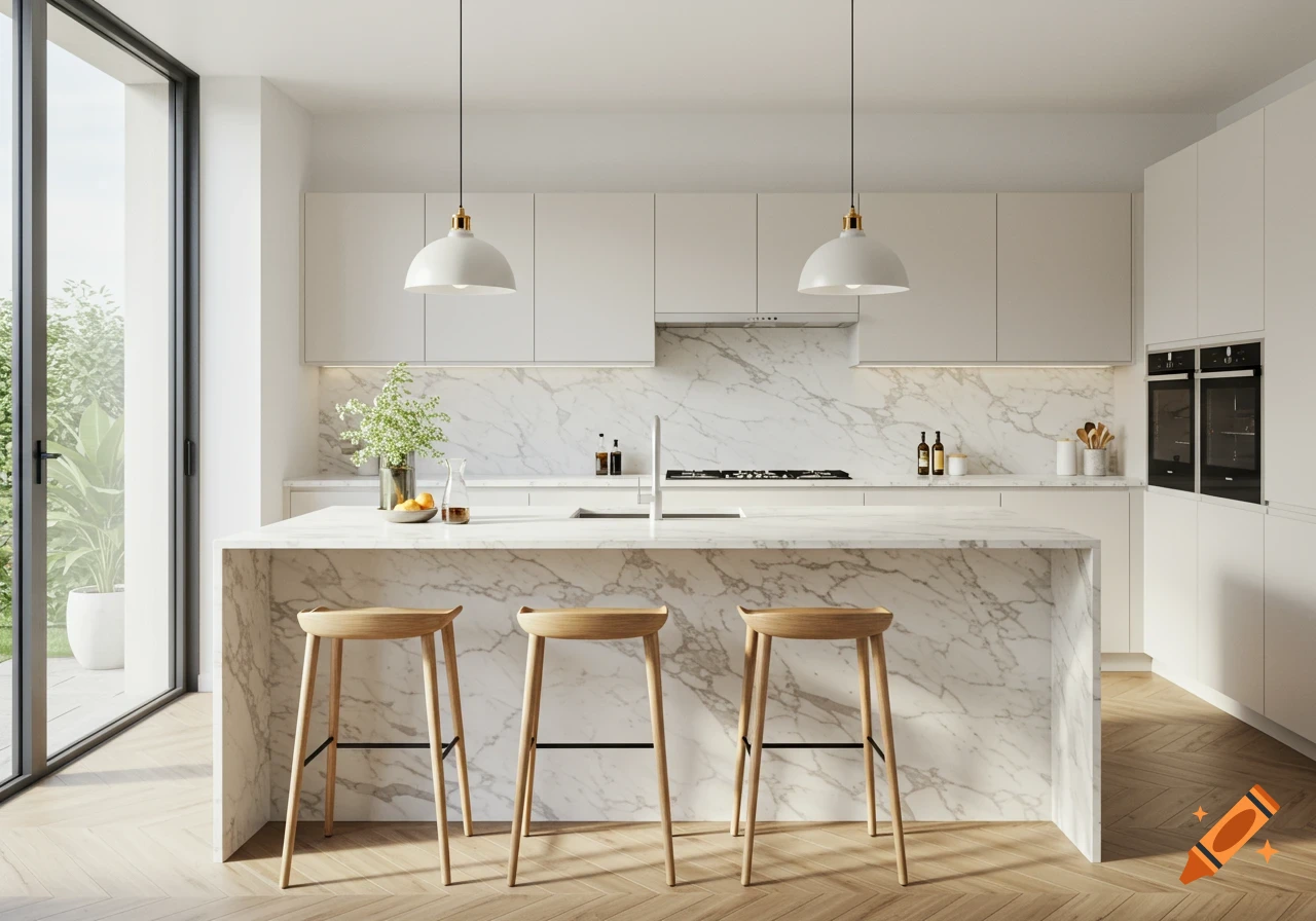 A bright, modern kitchen features a large marble island, wooden bar stools, white cabinetry, and herringbone wood floors, lit by natural light.