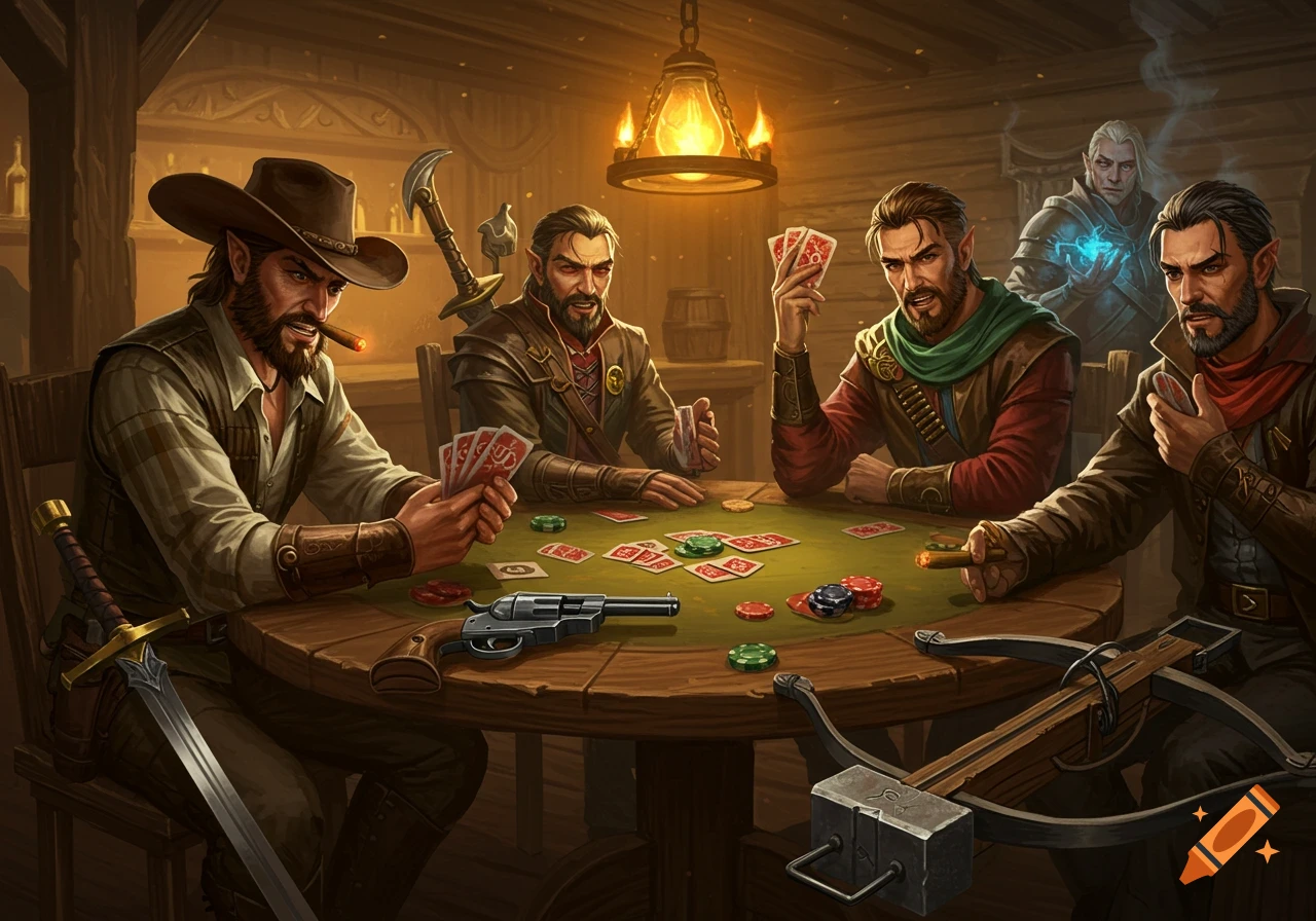 Five rugged fantasy characters, some with pointed ears, play high-stakes poker in a dimly lit tavern, surrounded by weapons like a revolver, sword, and crossbow on the wooden table.