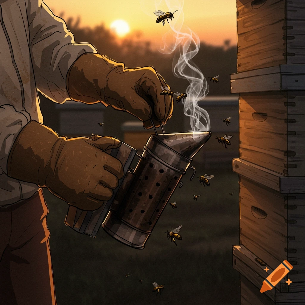 Close-up illustration of a beekeeper in gloves using a smoker near beehives with bees flying around at sunset.