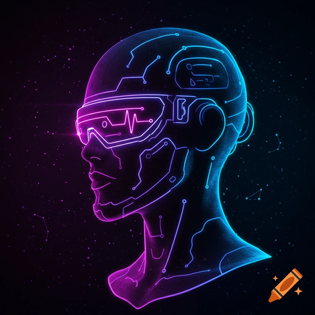 Highly-detailed, stylized futuristic profile avatar in neon purple, blue, and pink, with glowing circuit lines against a dark, starry background.