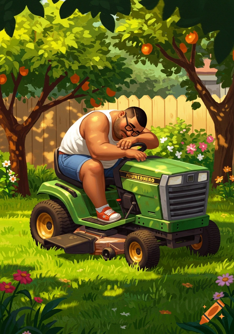 Stylized illustration of a large man with glasses and a buzz cut sleeping face down on a green riding lawnmower in a sunny backyard.
