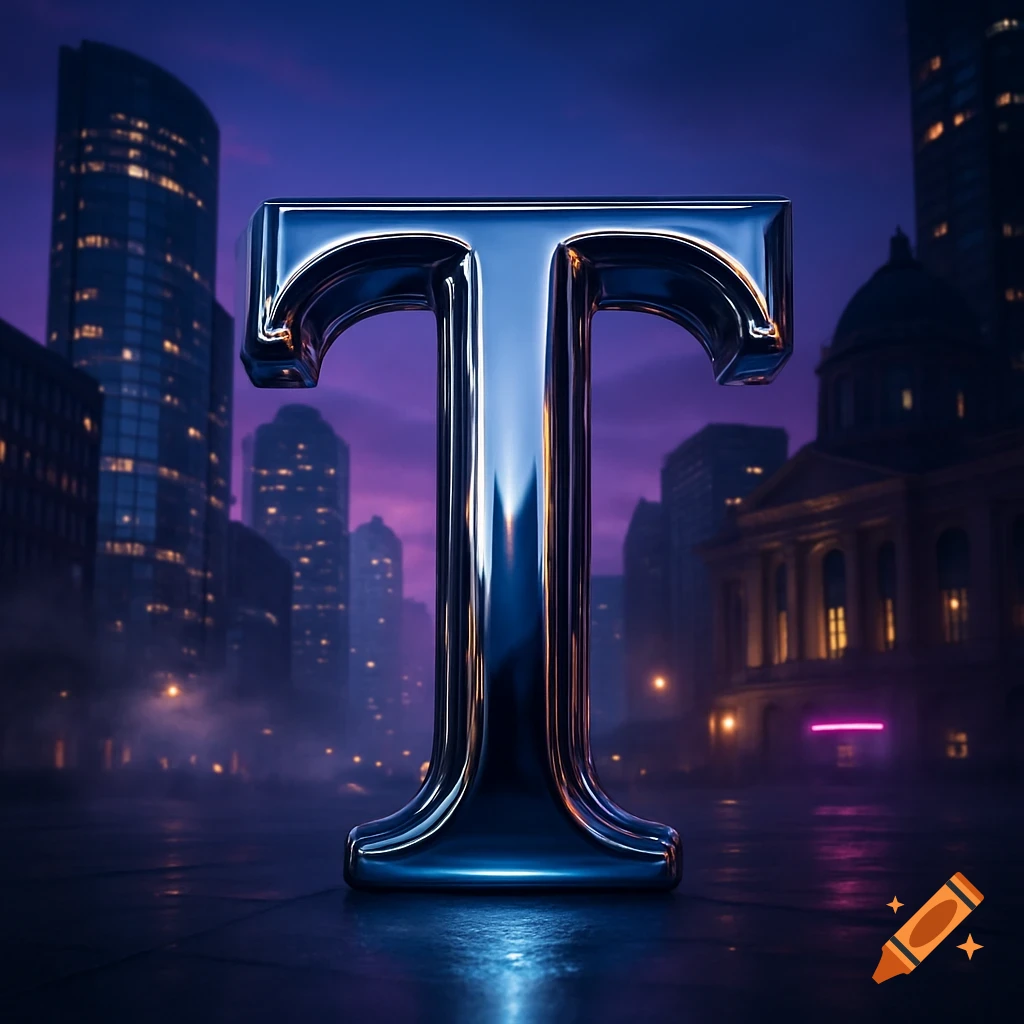 A shiny chrome letter T stands in the middle of a futuristic cityscape at night under a purple sky.
