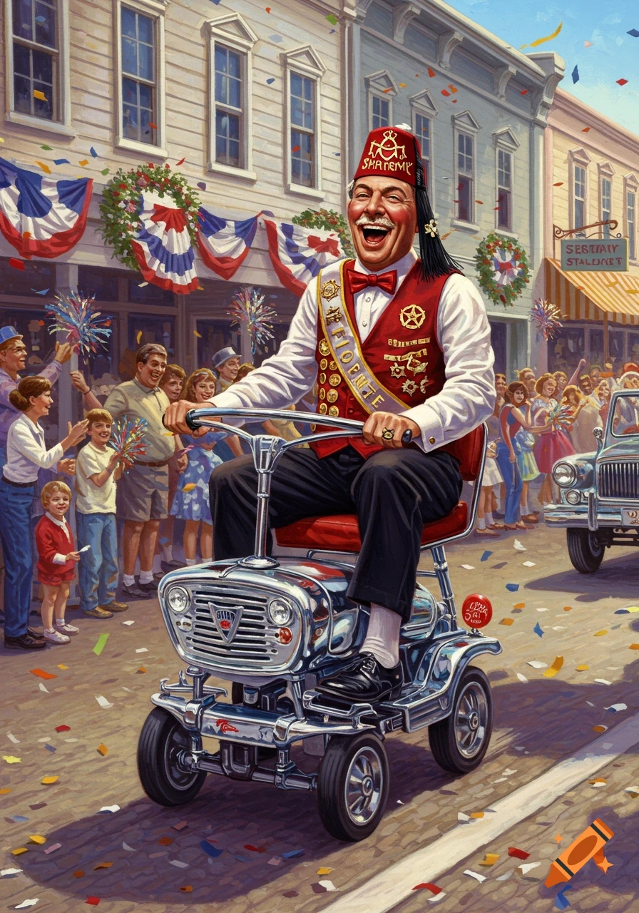 A jubilant man in a Shriner's fez and vest rides a chrome motorized scooter in a colorful parade with confetti falling.