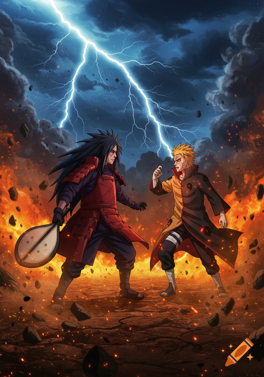 Madara Uchiha and Naruto Uzumaki in an epic anime battle, surrounded by lightning, fire, and debris under a stormy sky.