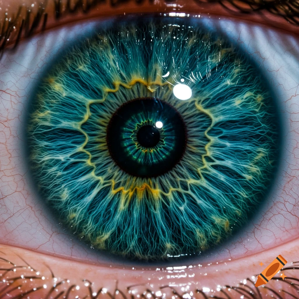 Photorealistic close-up of a human eye with a blue-green iris showing intricate, fractal-like patterns.