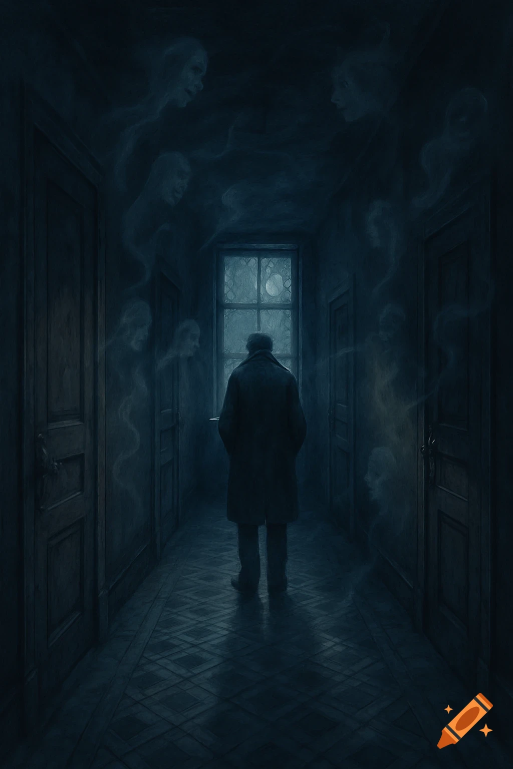A man in a trench coat stands in a dark, narrow hallway, surrounded by ethereal, ghostly figures. A window with a moon is at the end of the hall. The style is eerie and somber.