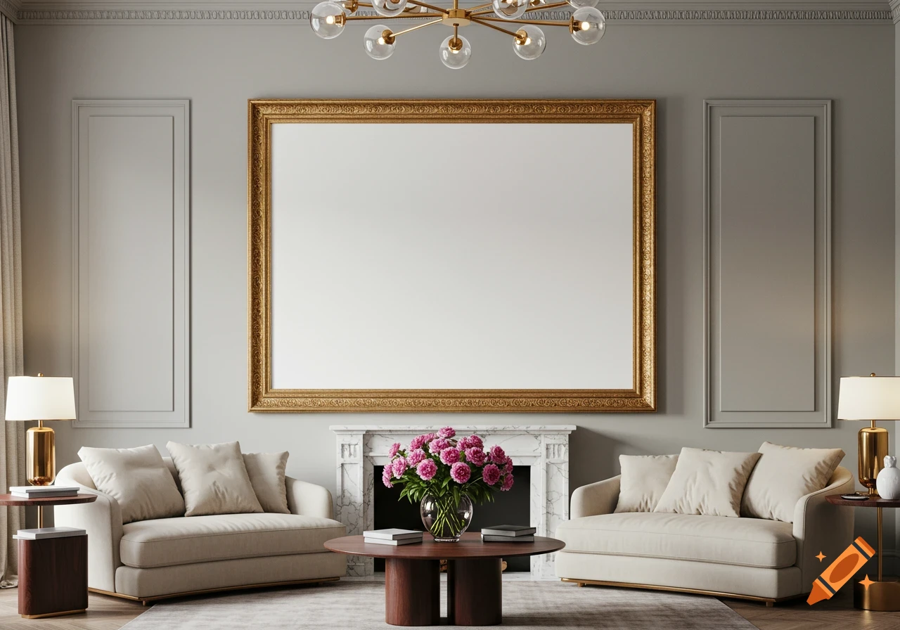 A luxurious living room with a large gold-framed white picture above a marble fireplace, flanked by cream couches.