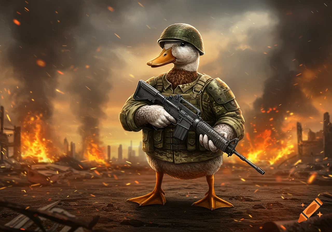 Cartoon duck soldier in military uniform with a rifle, standing in a burning war-torn city.