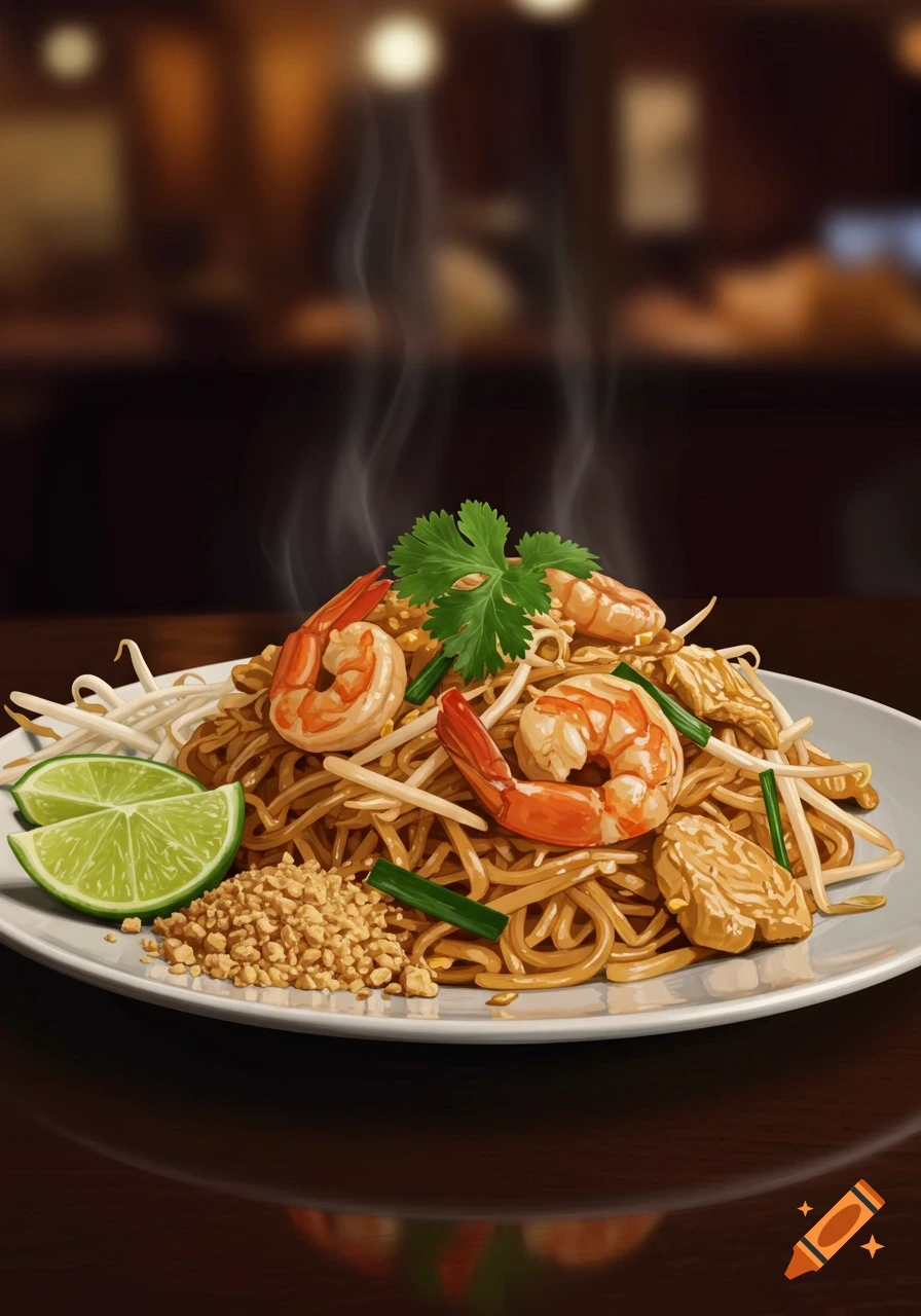 Illustration of steaming Pad Thai noodles with shrimp, lime wedges, peanuts, bean sprouts, and cilantro on a white plate.