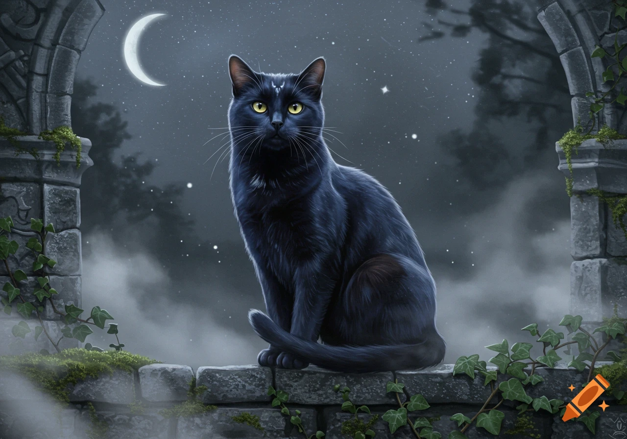 A black cat with yellow eyes sits on an ivy-covered stone wall. A crescent moon, stars, and gothic ruins are in the dark night sky. Digital art.