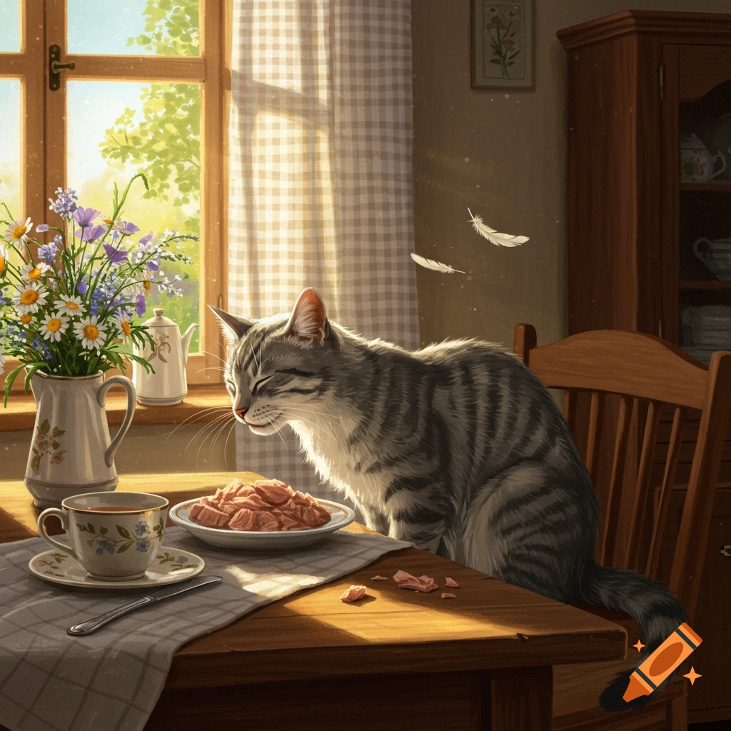 A tabby cat sits at a sunlit wooden table next to a plate of food, a vase of wildflowers, and a teacup, by a window with checkered curtains.