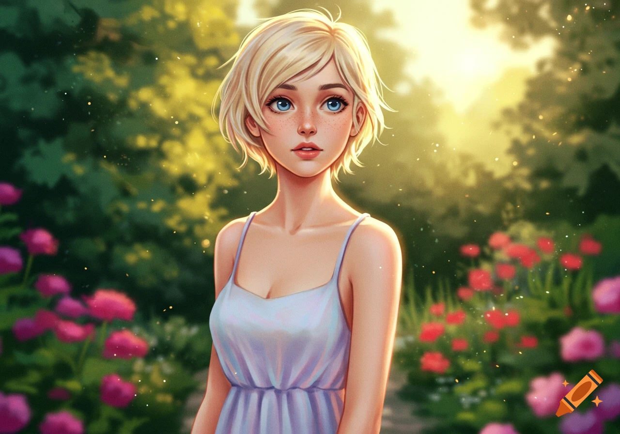 An anime-style portrait of a blonde woman with blue eyes and freckles, wearing a light purple dress, standing in a sunny garden filled with pink and red flowers.