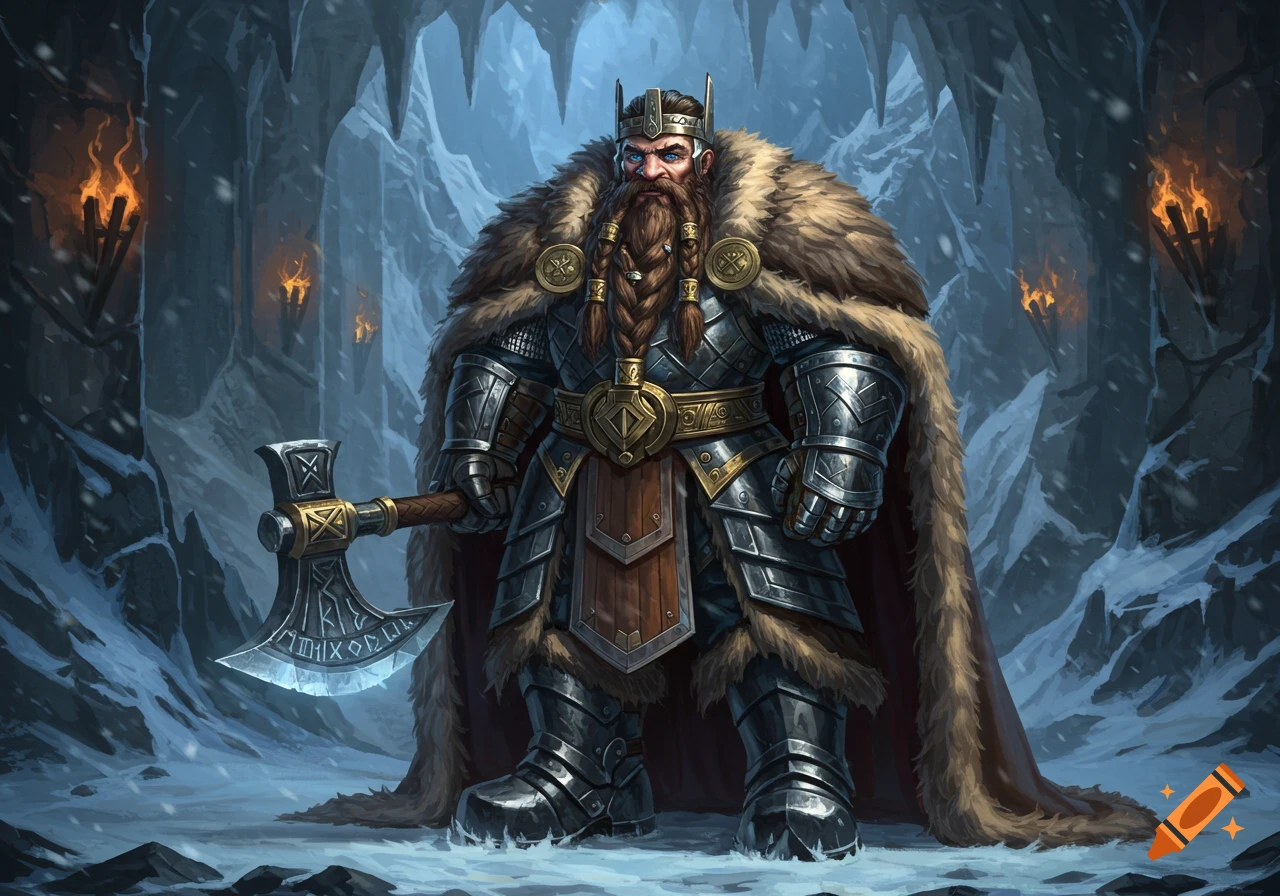 A powerful dwarf king in ornate armor and fur, holding a large axe, stands in a snowy ice cave.