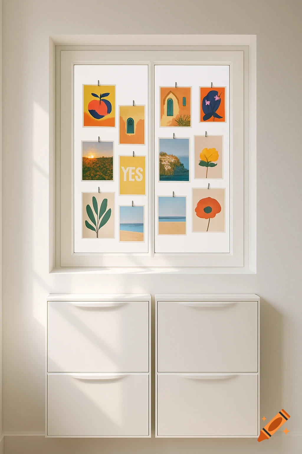 A bright minimalist room with white walls, a window displaying colorful modern postcards, photos, and illustrations, and white shoe cabinets below.