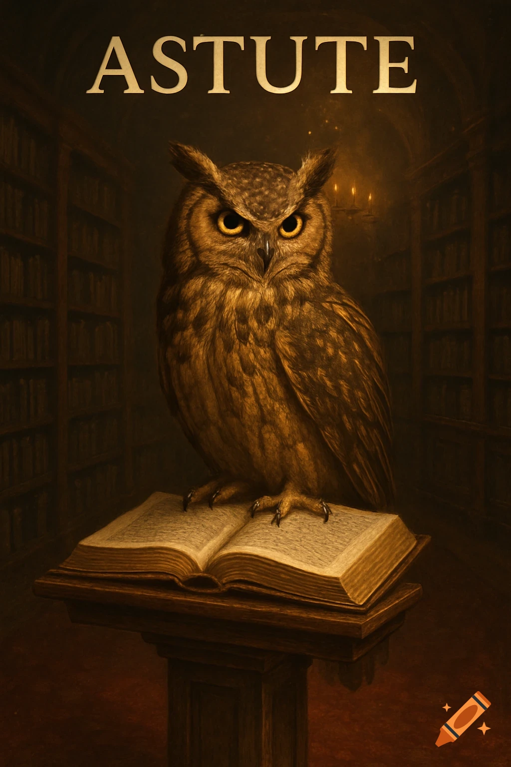 A majestic owl with yellow eyes stands on an open book in a dimly lit library, with 'ASTUTE' text above.