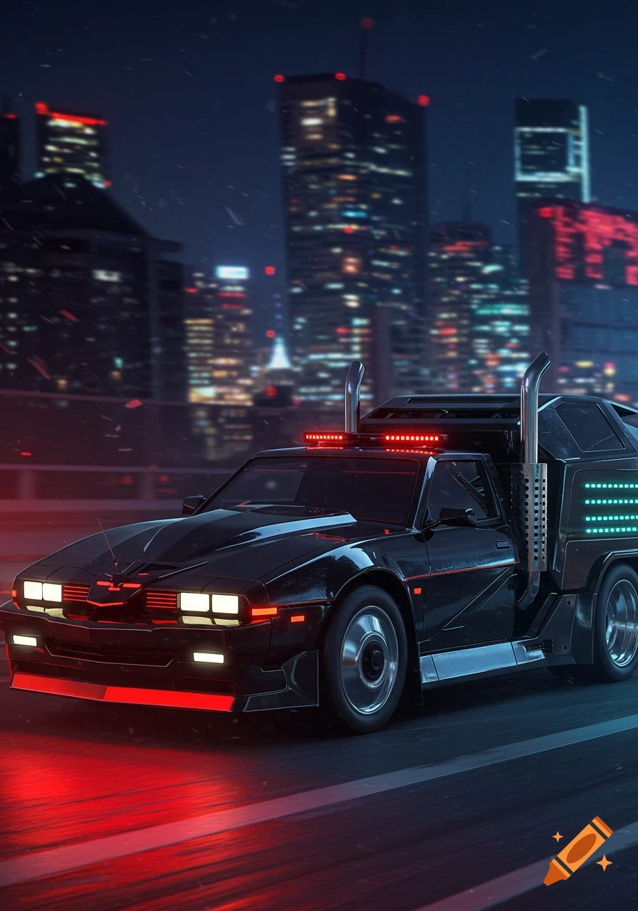 A sleek, black futuristic car with red and teal lights and chrome exhausts drives through a rainy cyberpunk city at night.