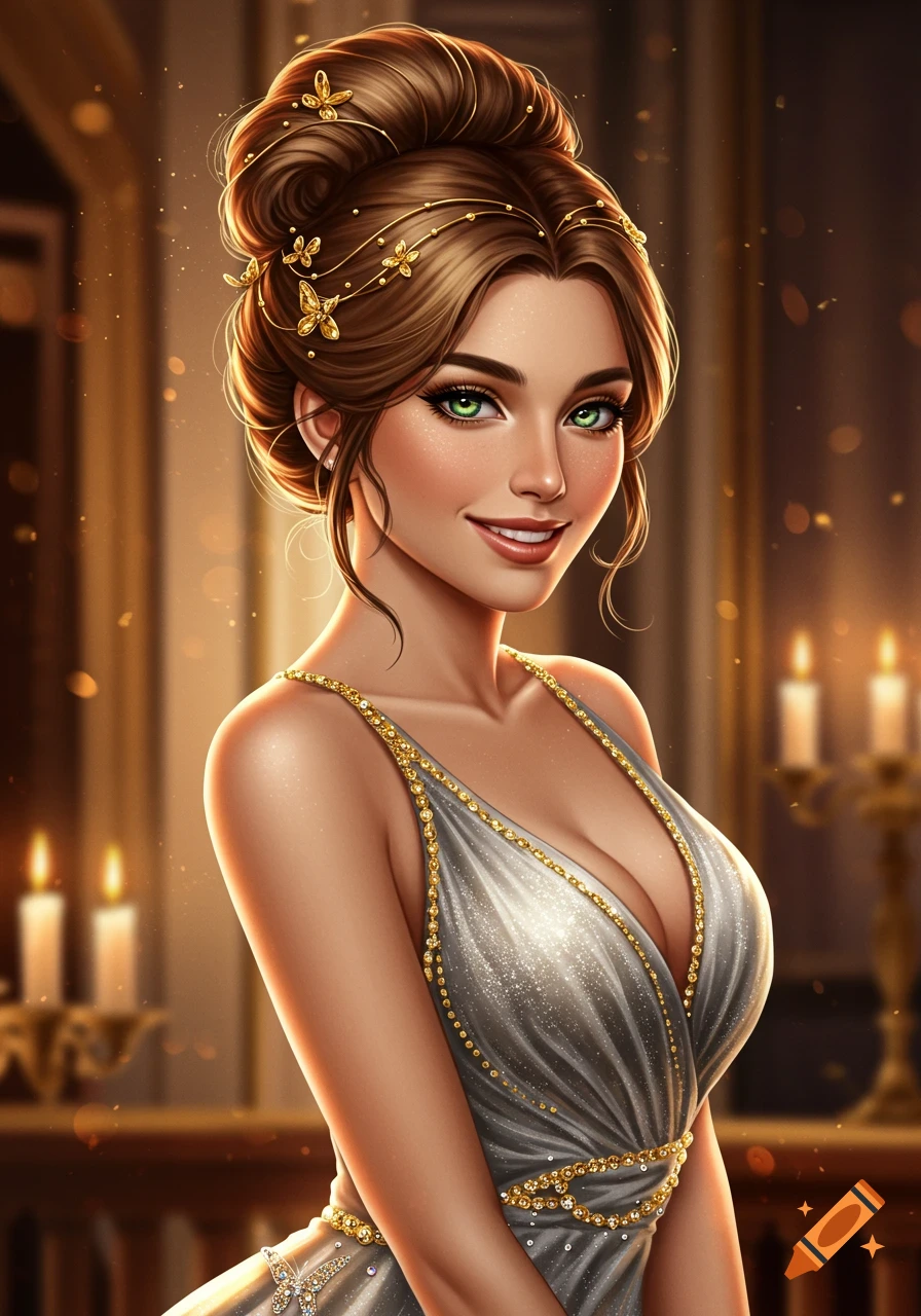 A beautiful woman with brown hair in an elegant updo adorned with golden butterflies, wearing a sparkling silver and gold gown, smiling with green eyes.